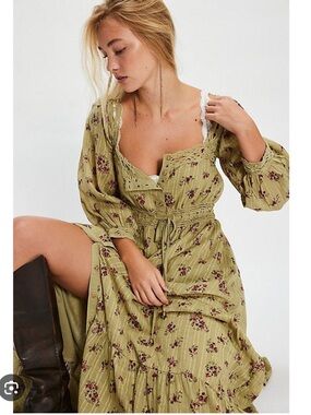 FREE PEOPLE Morning Meadows Long-sleeve Slotted Ribbon Tie Waist Maxi Dress